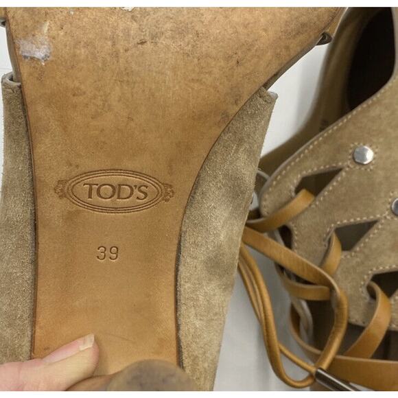 TOD'S Tan Cutout Leather Paneled Two Toned Suede Cone Heeled Sandals Sz 39/US 8 - Picture 11 of 13